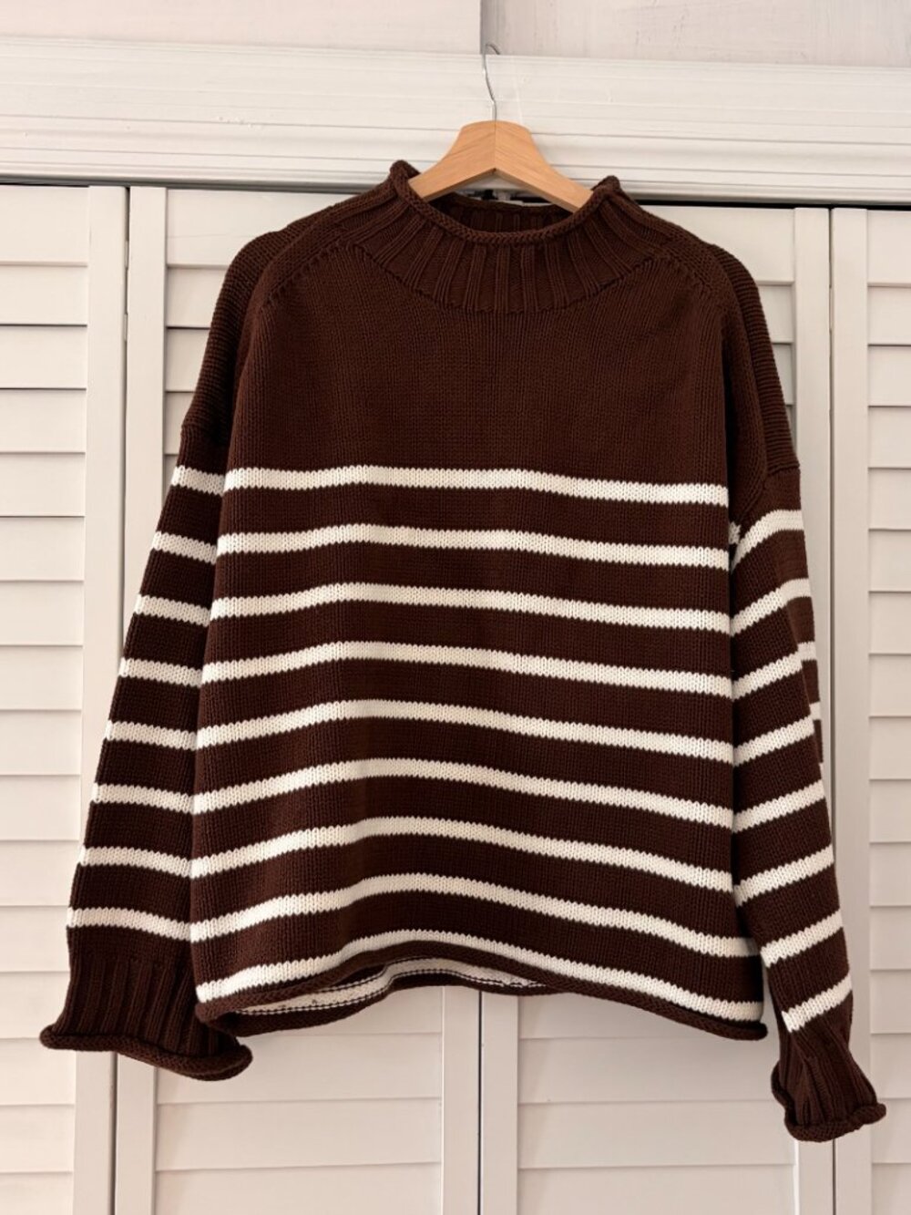 J Crew 2025 Rollneck Sweater Brown White Stripe Striped 100% Cotton Size L - Picture 2 of 6
